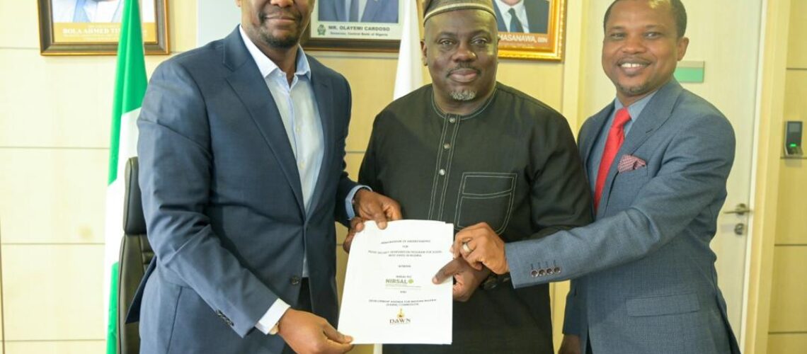L-R Mr. Olatunde Akande, ED Technical, NIRSAL, Dr. Seye Oyeleye, DG DAWN Commission, and Dr. Theo Onedeko, MD, Southwest Agriculture Company, SWAgCO at the MoU signing ceremony.